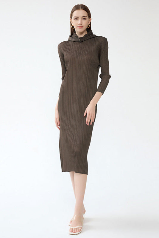 Pleated Hooded A-Line Dress – Solid Color Slim Long Sleeve Winter Style