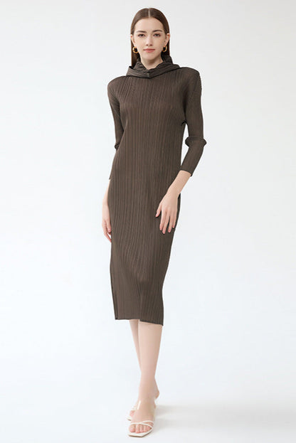 Pleated Hooded A-Line Dress – Solid Color Slim Long Sleeve Winter Style