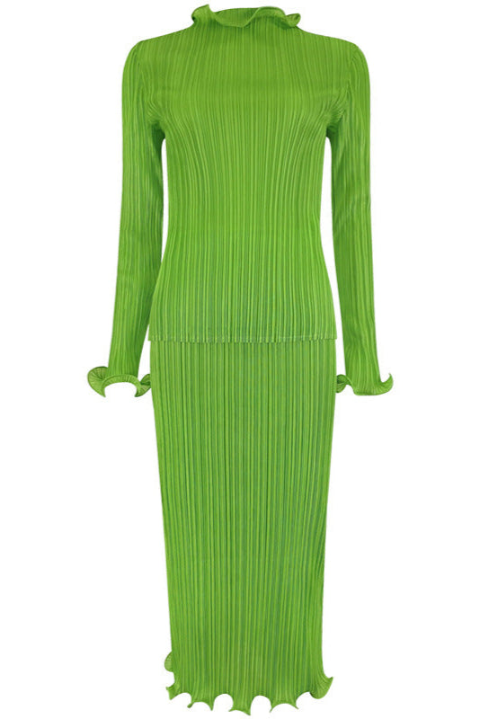 Pleats Please Green Skirt Suit – Fresh Pleated A-Line Two-Piece Set