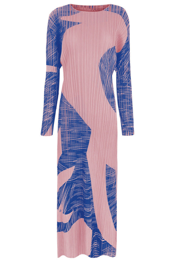 Pleated Gentle Print A-Line Dress – Slim Long Sleeve Elegant Style