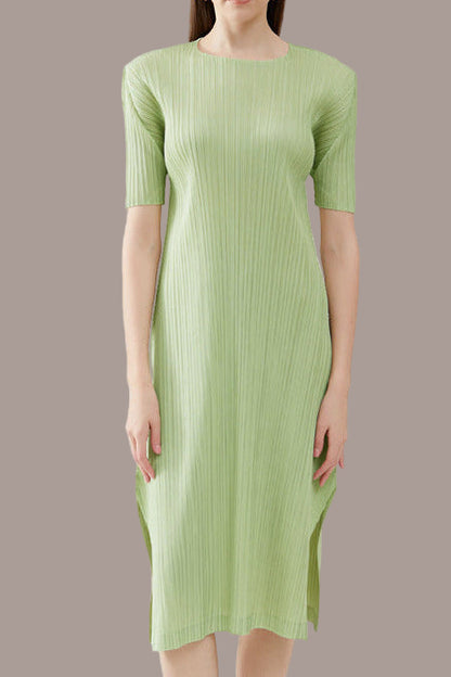 Solid Color Pleated A-Line Dress – Short Sleeve Slim Fit Midi