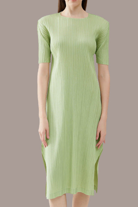 Solid Color Pleated A-Line Dress – Short Sleeve Slim Fit Midi