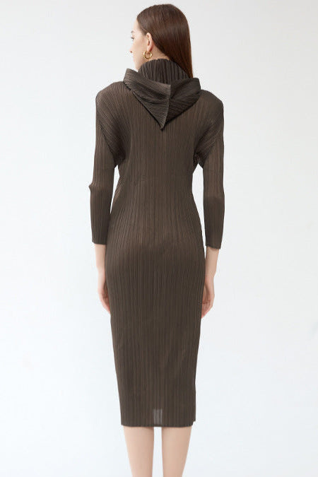 Pleated Hooded A-Line Dress – Solid Color Slim Long Sleeve Winter Style