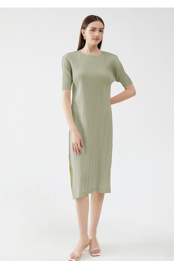 Solid Color Pleated A-Line Dress – Short Sleeve Slim Fit Midi