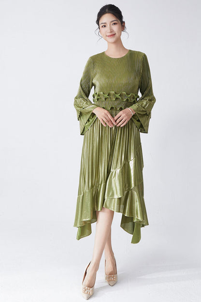 Pleats Please Flared Sleeve A-Line Dress – Irregular Hem Pleated Autumn Winter Style