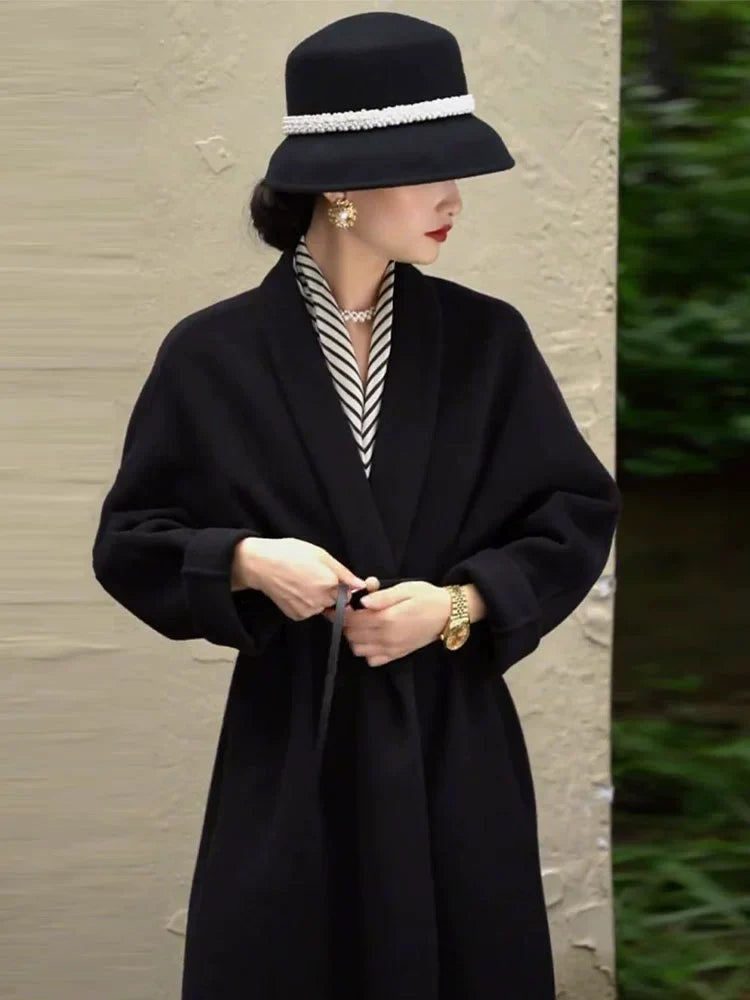 Black woolen coat jacket women's autumn and winter high-end Korean wear retro long Hepburn French waist European goods