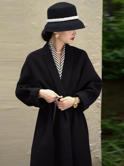Black woolen coat jacket women's autumn and winter high-end Korean wear retro long Hepburn French waist European goods