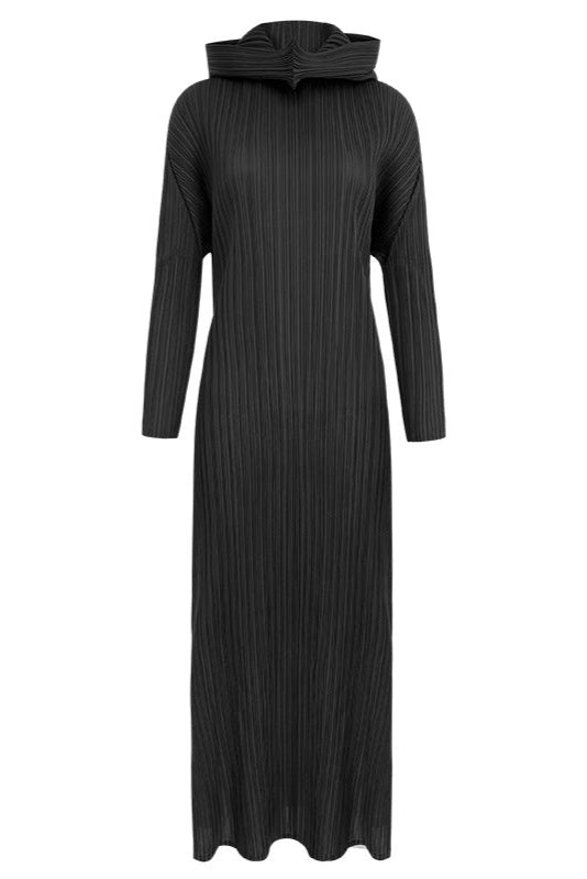 Pleated Hooded A-Line Dress – Solid Color Slim Long Sleeve Winter Style