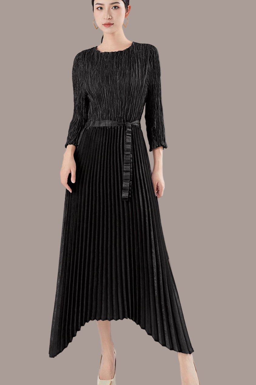 Pleats Please Irregular Bronzing Maxi Dress – Elegant Lace-Up Pleated Long Dress