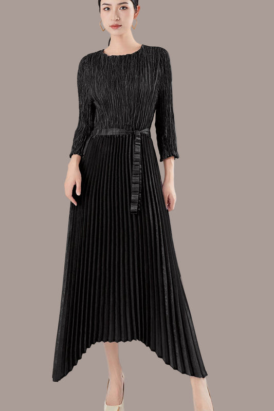 Pleats Please Irregular Bronzing Maxi Dress – Elegant Lace-Up Pleated Long Dress