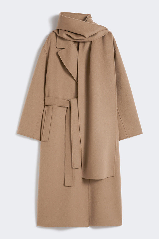 Max Mara Style Reversible Wool Wrap Coat with Scarf Collar – Elegant Mid-Length Bathrobe Design