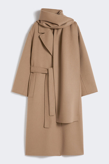 Max Mara Style Reversible Wool Wrap Coat with Scarf Collar – Elegant Mid-Length Bathrobe Design