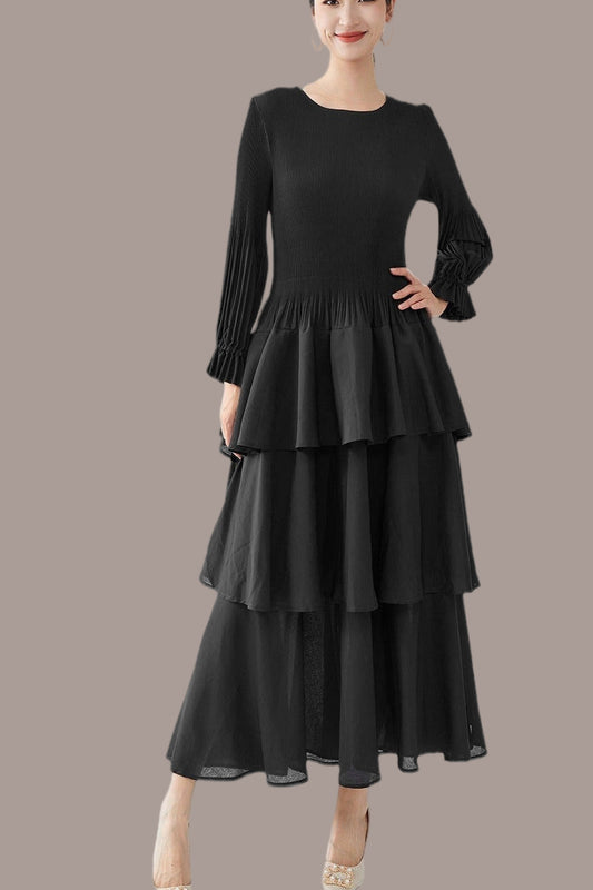 Pleats Please Long-Sleeve A-Line Dress – Elegant Layered Cake Pleated Maxi
