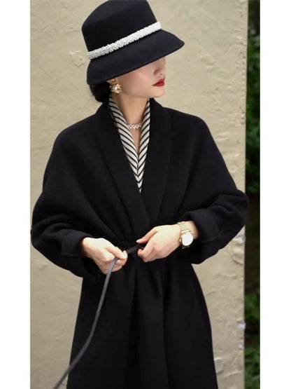 Black woolen coat jacket women's autumn and winter high-end Korean wear retro long Hepburn French waist European goods