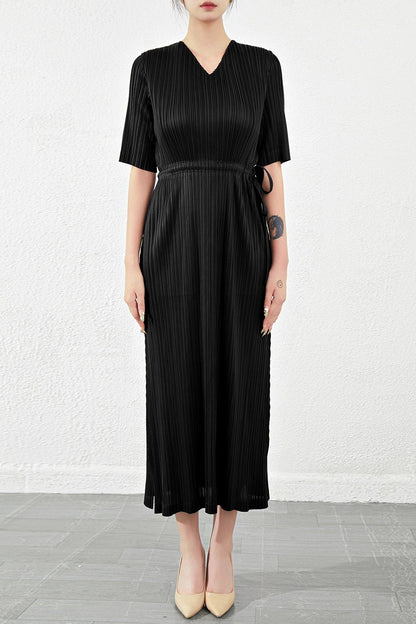 Pleats Please V-Neck Dress – Short-Sleeve Pleated Maxi, Loose Slimming Style