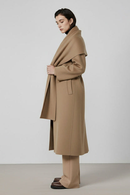 Max Mara Style Reversible Wool Wrap Coat with Scarf Collar – Elegant Mid-Length Bathrobe Design