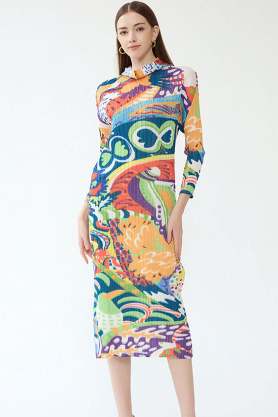 2025 New Spring Pleated Long Sleeve Casual Style Midi Skirt with Graffiti Colorful Slim Hooded Dress