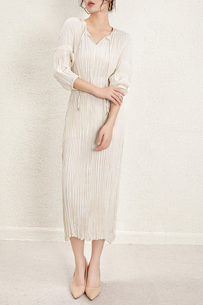Pleats Please Irregular Pleated Dress – Long-Sleeve Cinched-Waist Elegant Style