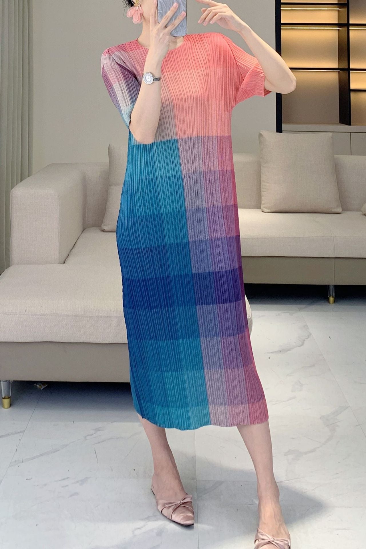 Women’s Colorblock Pleated Dress – Dopamine Bright Midi, Fashion Slim Fit Style