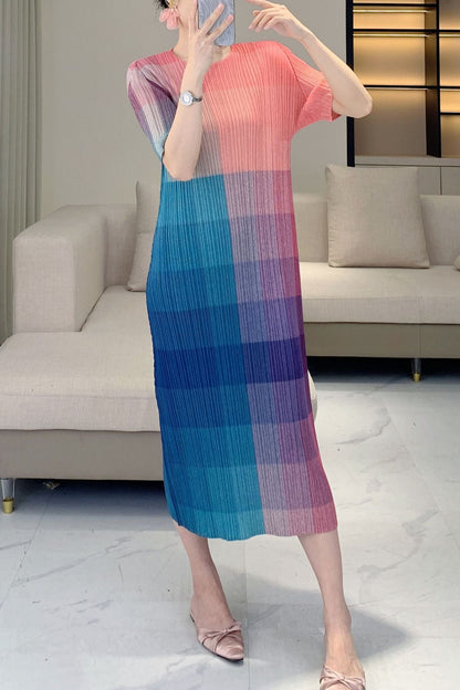 Women’s Colorblock Pleated Dress – Dopamine Bright Midi, Fashion Slim Fit Style