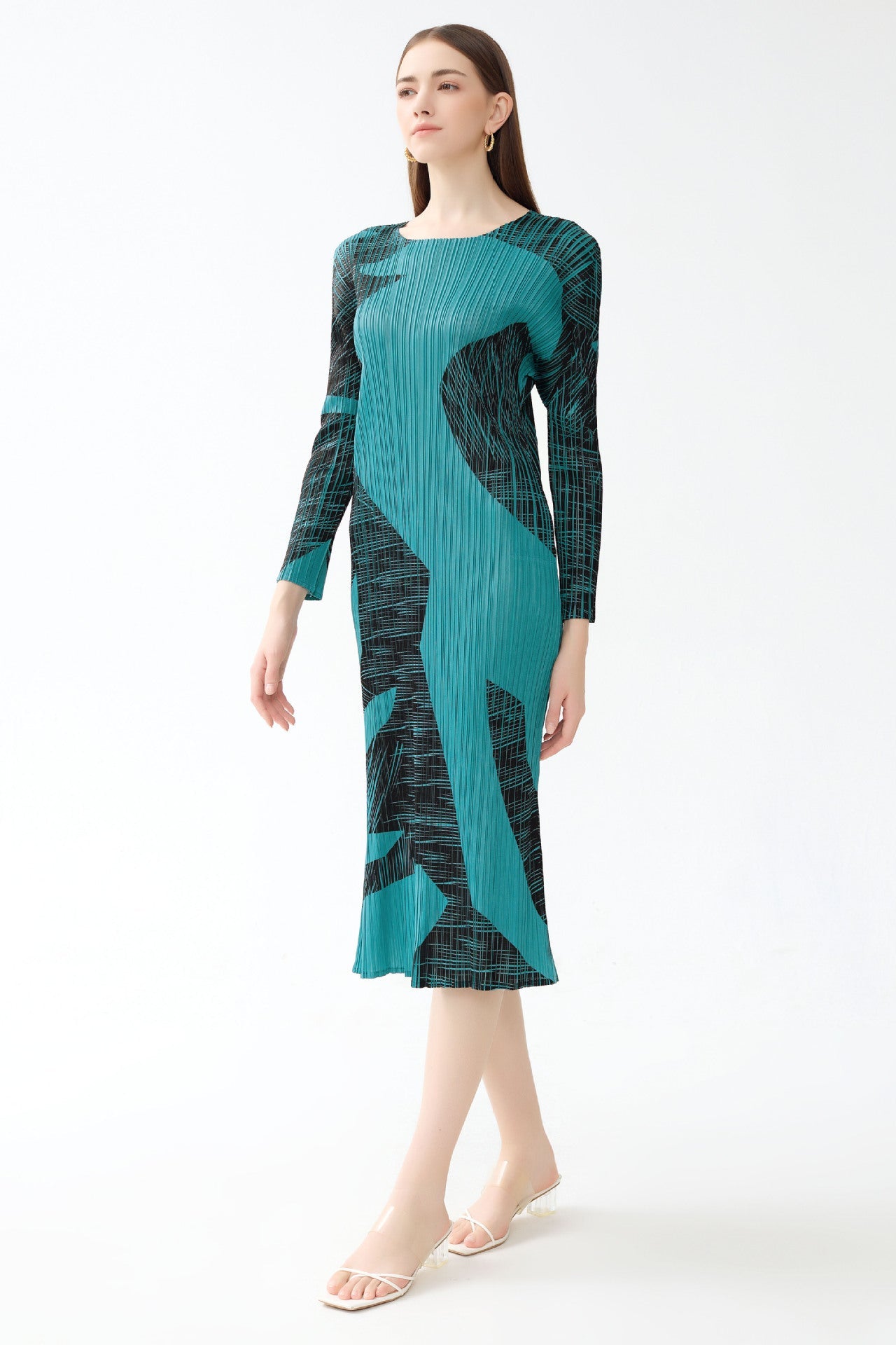 Pleated Gentle Print A-Line Dress – Slim Long Sleeve Elegant Style