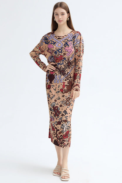 Pleated Printed Maxi Dress – Elegant Loose Long Sleeve Style