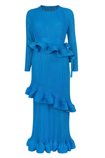 Pleated Ruffled Lace-Up Midi Dress – Slim Long Sleeve Women’s Style