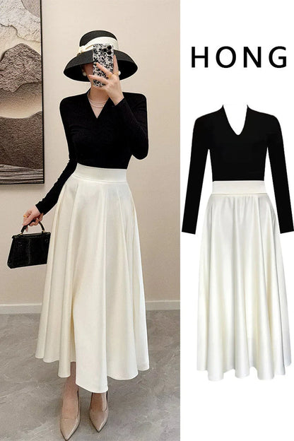 2025 Autumn French Audrey Hepburn Fashion  Acetate Satin Skirt Set – Elegant Long Two-Piece Set with Hat