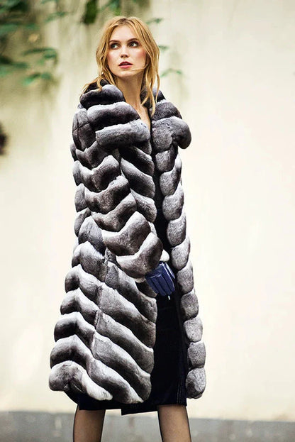 Luxury Chinchilla Fur Long Coat with Lapel