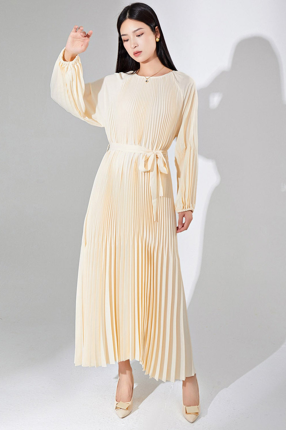Pleats Please Solid Color Maxi Dress – Lace-Up Waist Elegant Pleated Long Dress