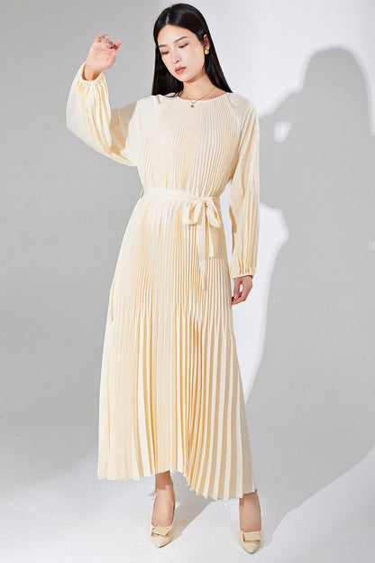Pleats Please Solid Color Maxi Dress – Lace-Up Waist Elegant Pleated Long Dress