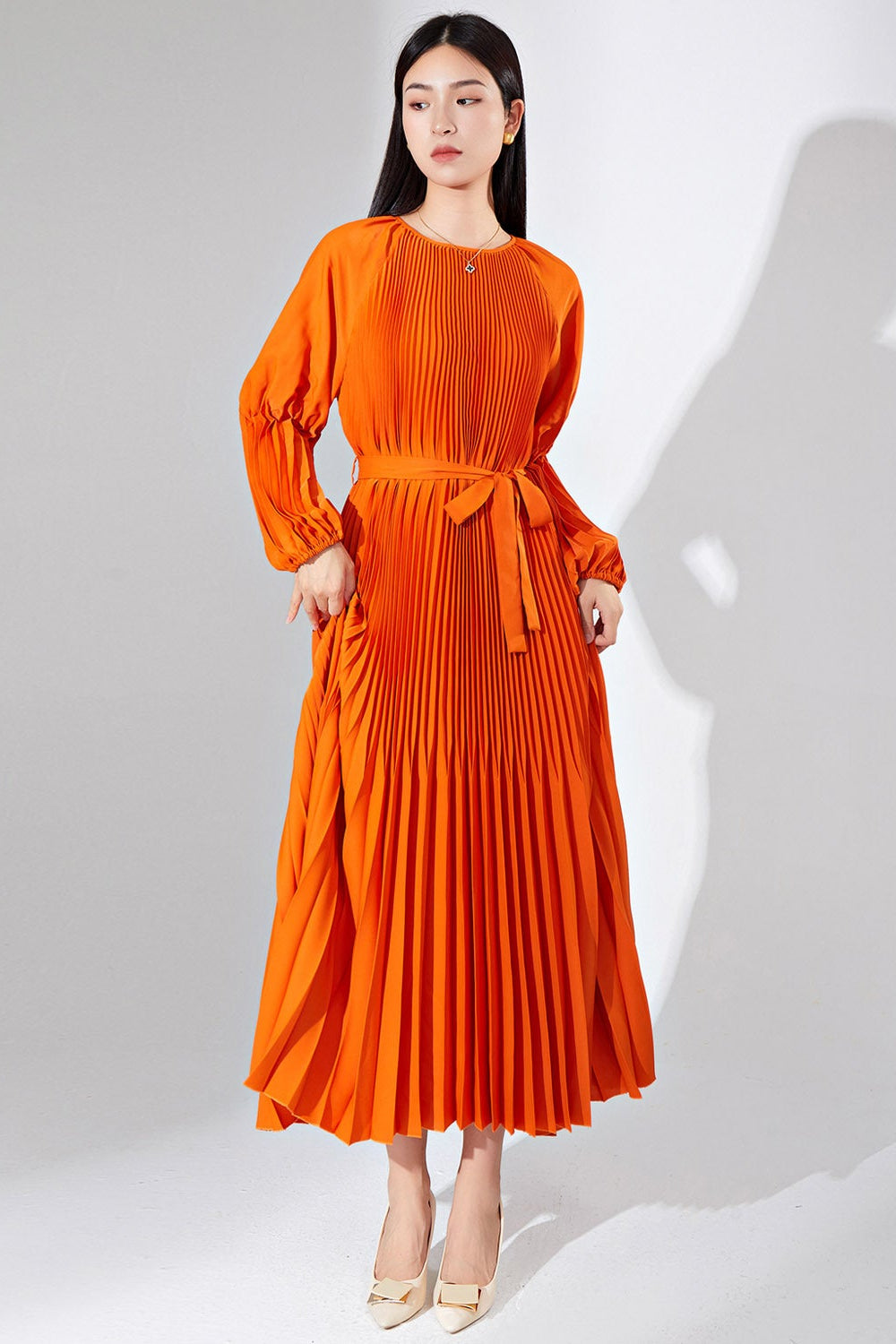 Pleats Please Solid Color Maxi Dress – Lace-Up Waist Elegant Pleated Long Dress