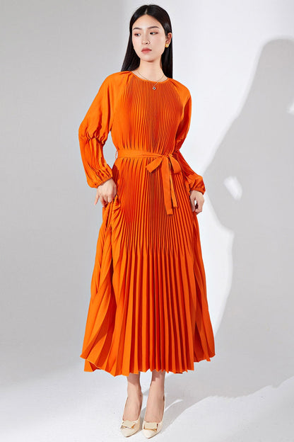 Pleats Please Solid Color Maxi Dress – Lace-Up Waist Elegant Pleated Long Dress