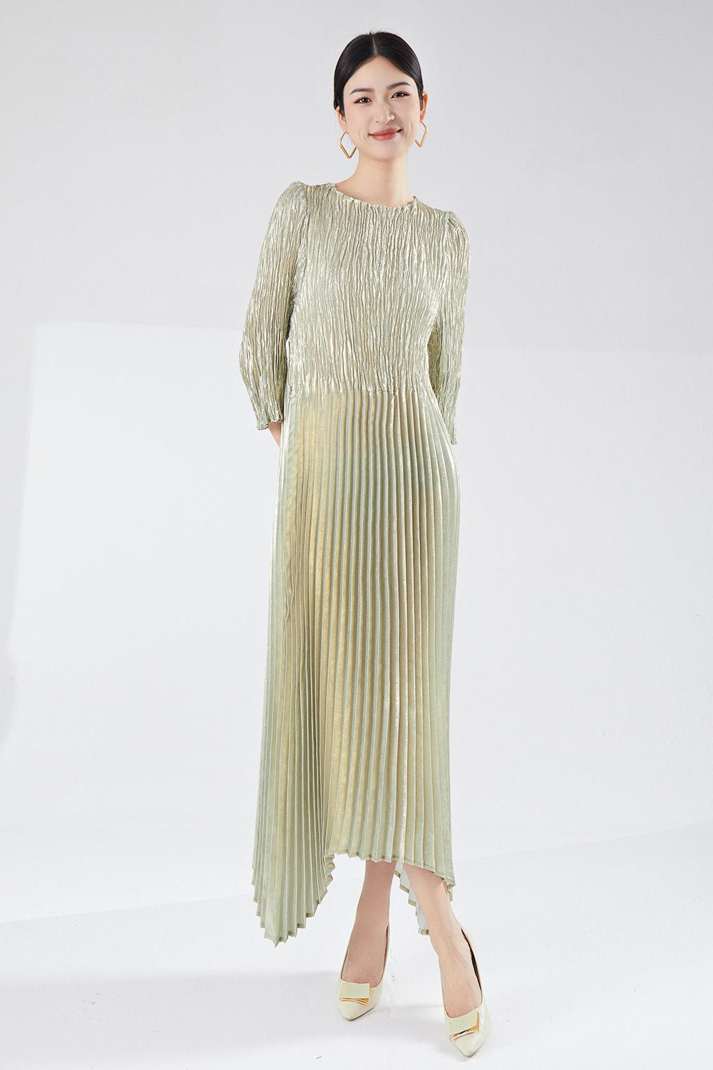 Pleats Please Irregular Bronzing Maxi Dress – Elegant Lace-Up Pleated Long Dress