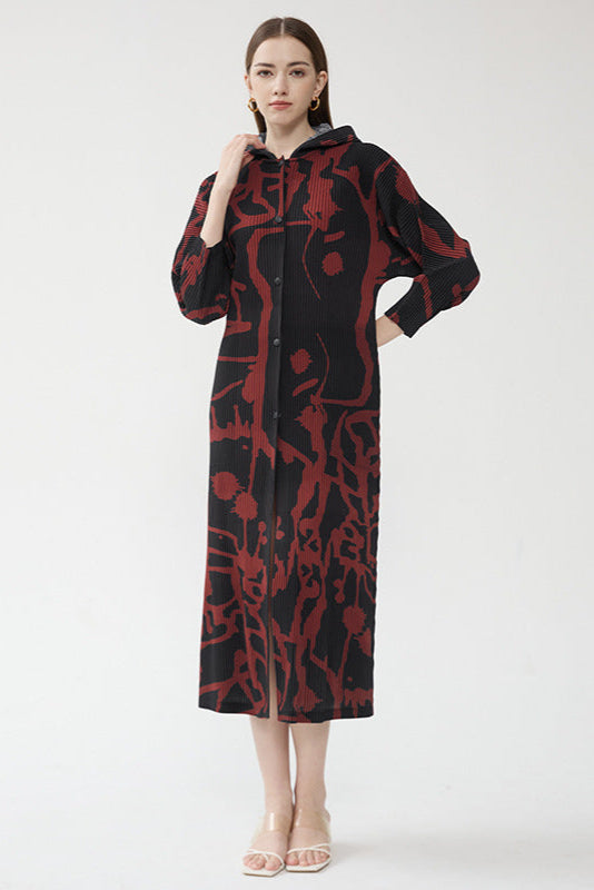 Pleated Printed Hooded Cloak Dress – Long Sleeve Single-Breasted Style