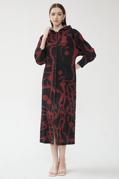 Pleated Printed Hooded Cloak Dress – Long Sleeve Single-Breasted Style