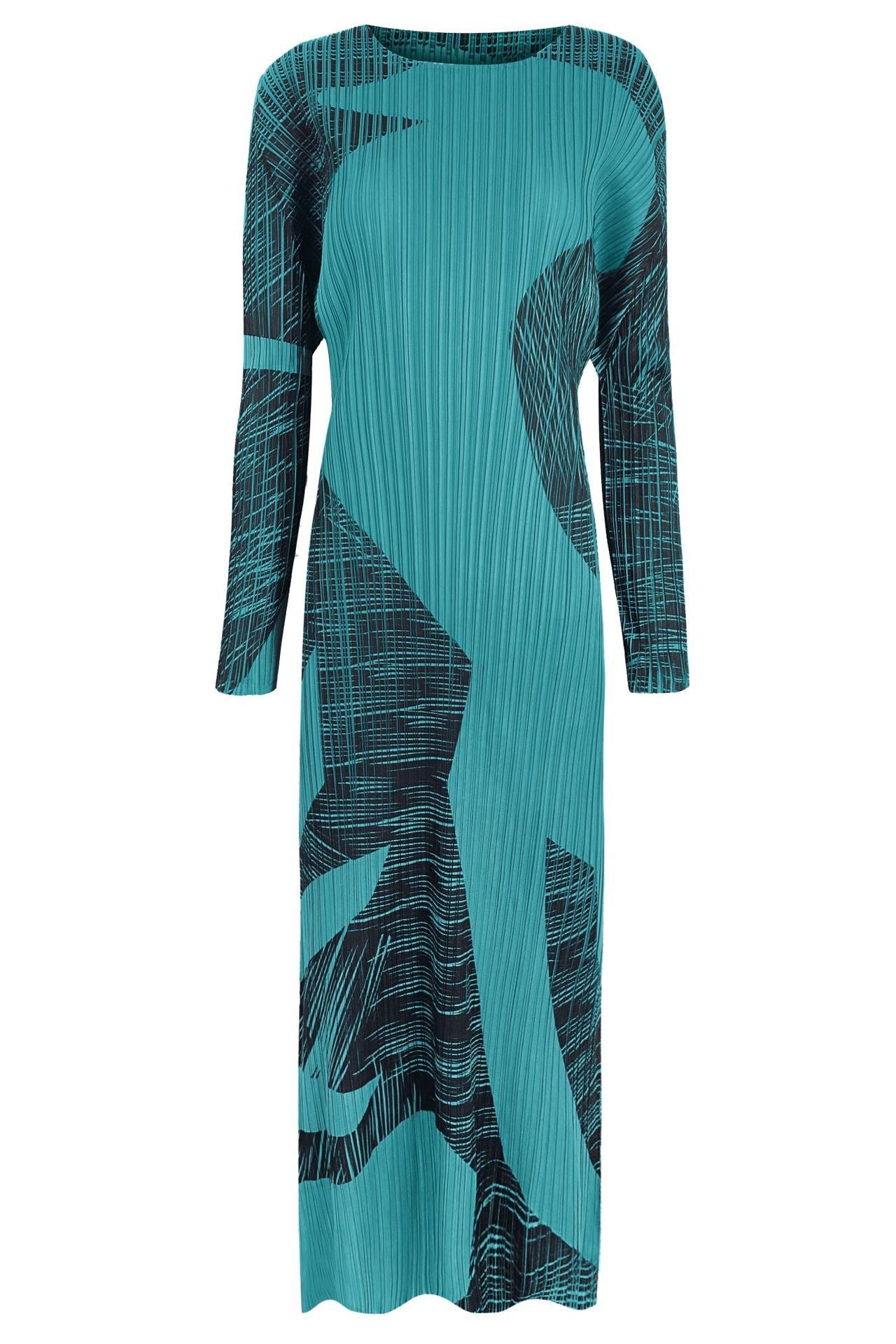 Pleated Gentle Print A-Line Dress – Slim Long Sleeve Elegant Style