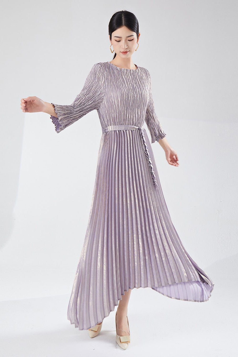 Pleats Please Irregular Bronzing Maxi Dress – Elegant Lace-Up Pleated Long Dress