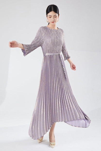 Pleats Please Irregular Bronzing Maxi Dress – Elegant Lace-Up Pleated Long Dress