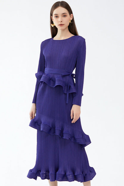 Pleated Ruffled Lace-Up Midi Dress – Slim Long Sleeve Women’s Style