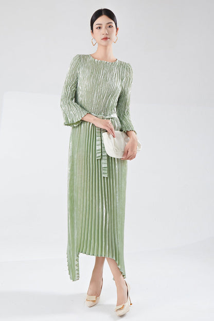 Pleats Please Irregular Bronzing Maxi Dress – Elegant Lace-Up Pleated Long Dress