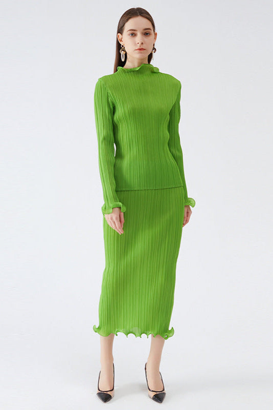 Pleats Please Green Skirt Suit – Fresh Pleated A-Line Two-Piece Set