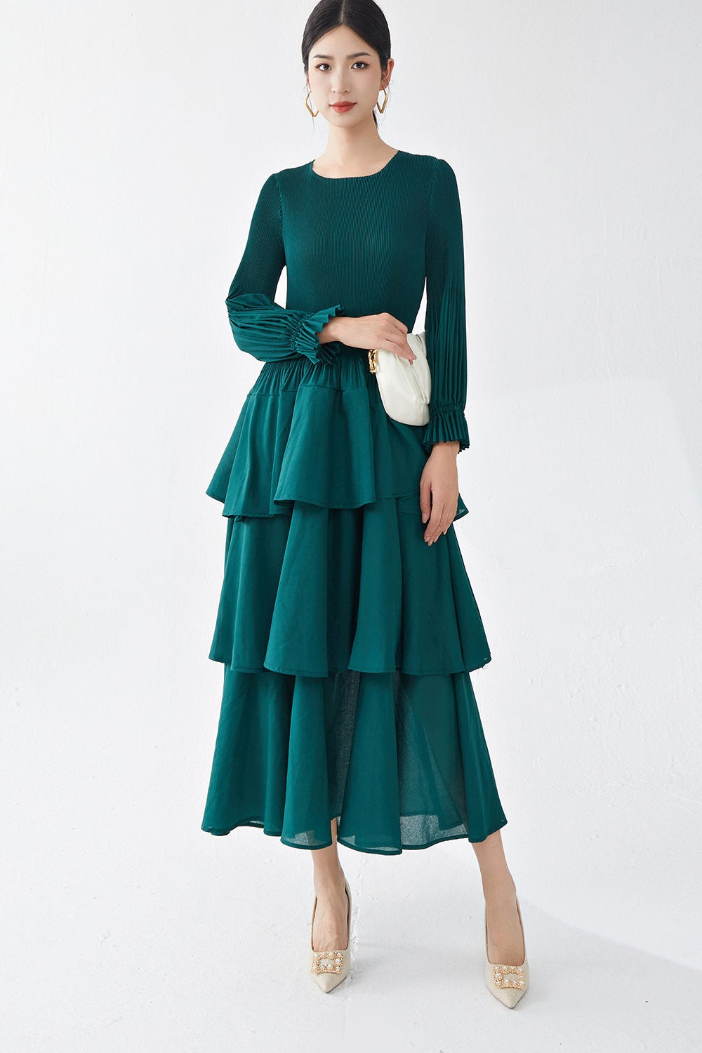 Pleats Please Long-Sleeve A-Line Dress – Elegant Layered Cake Pleated Maxi