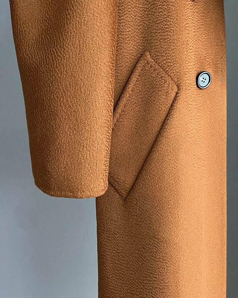 Max Mara Style Double-Breasted Cashmere Wool Coat | Long Water-Corrugated Texture