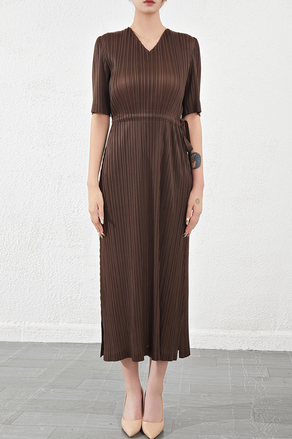 Pleats Please V-Neck Dress – Short-Sleeve Pleated Maxi, Loose Slimming Style