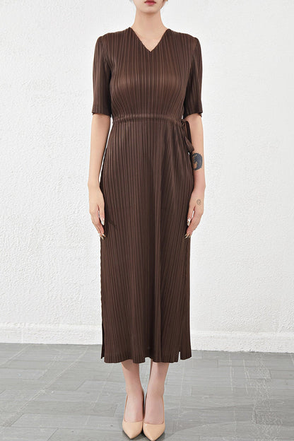 Pleats Please V-Neck Dress – Short-Sleeve Pleated Maxi, Loose Slimming Style