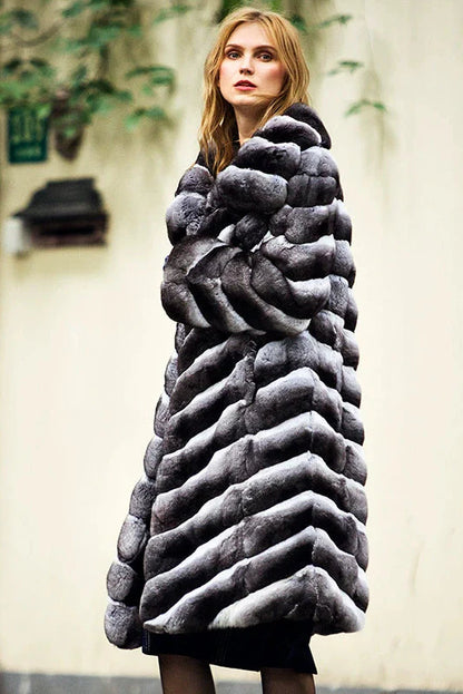 Luxury Chinchilla Fur Long Coat with Lapel