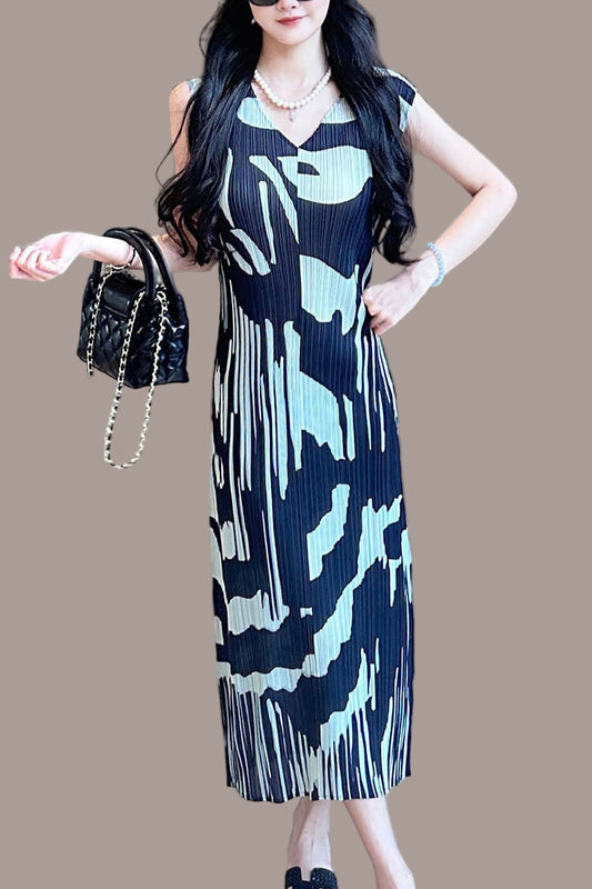 Retro design long contrast dress Miyake summer 2025 female slimming crew neck sleeveless pleated skirt