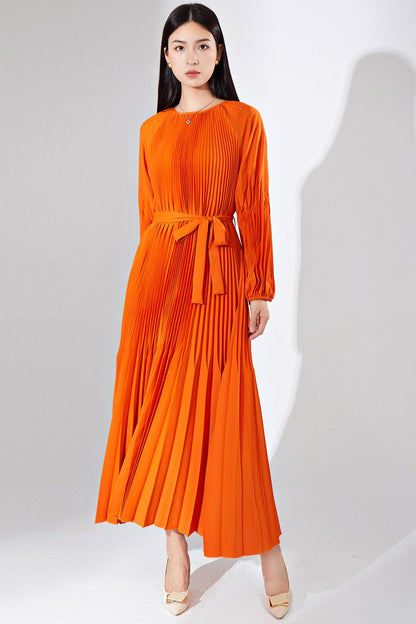 Pleats Please Solid Color Maxi Dress – Lace-Up Waist Elegant Pleated Long Dress