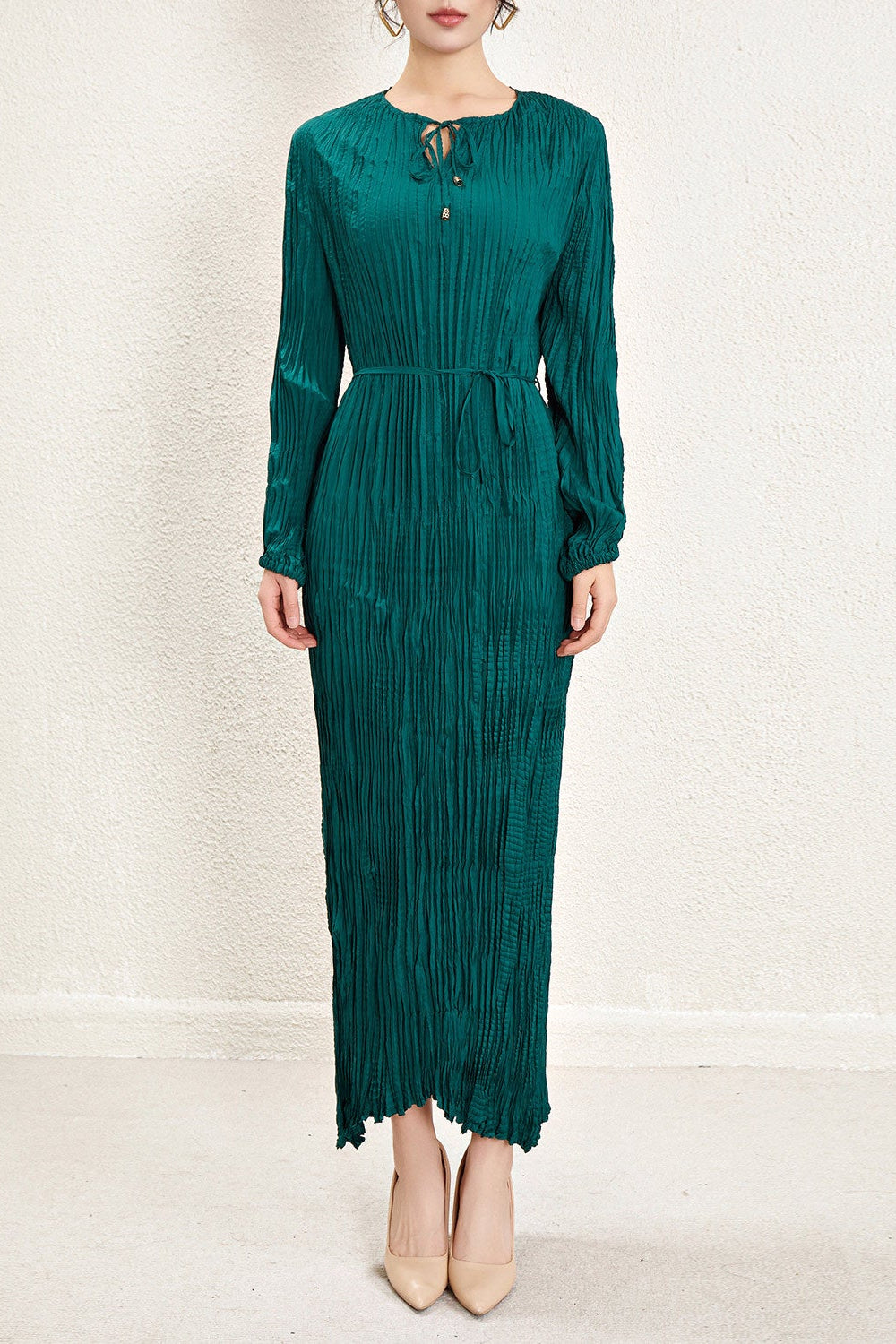 Pleats Please Irregular Pleated Dress – Long-Sleeve Cinched-Waist Elegant Style